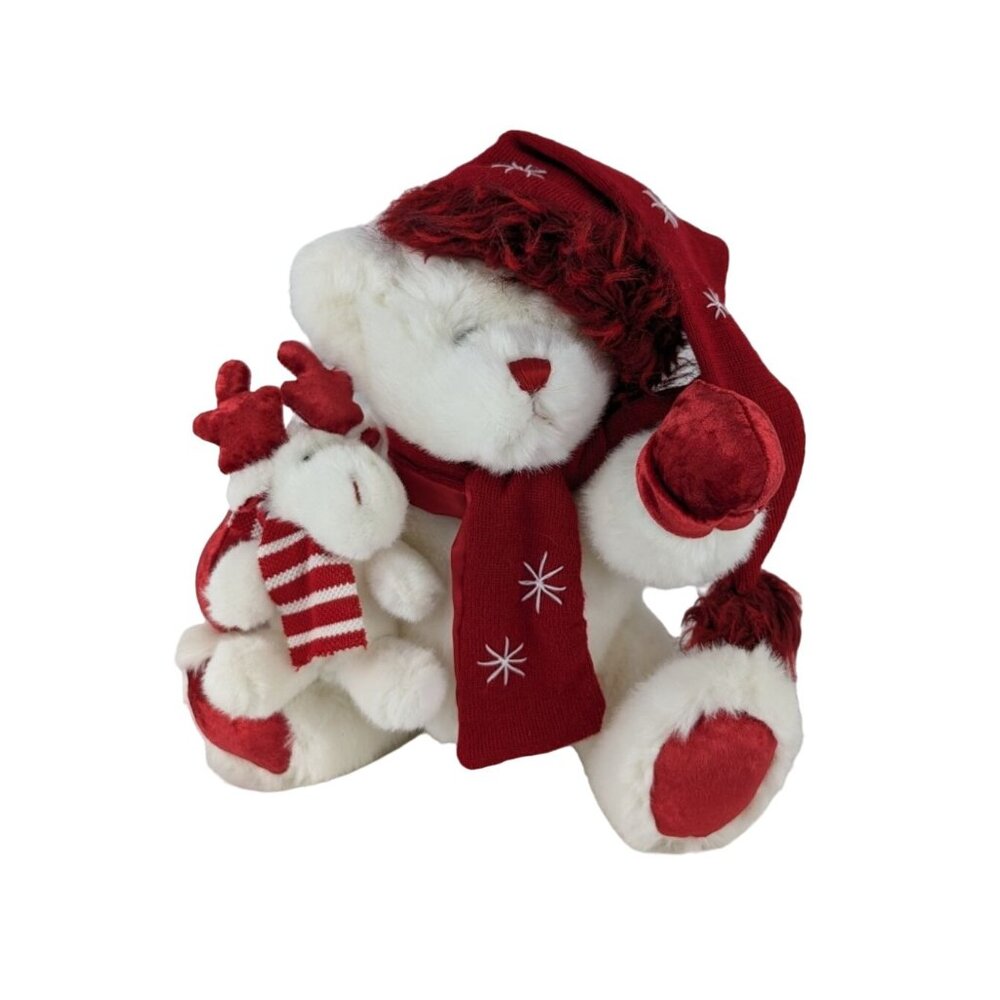 Dandee Teddy Bear & Reindeer Plush 15" White Stuffed Toy Red Christmas Hat Scarf